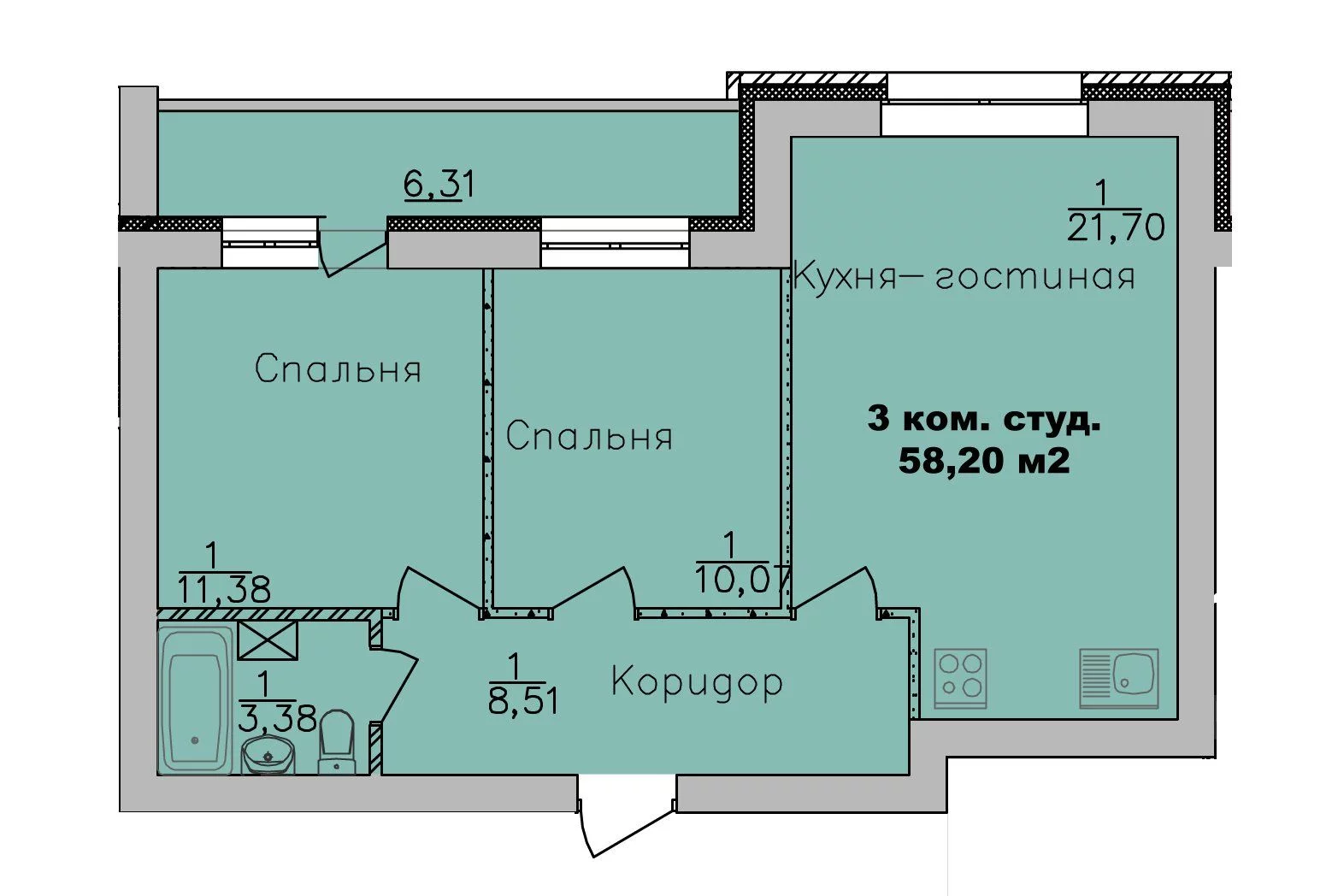 ЖК Дивногорский, дом 24, планировка трёхкомнатная-студия 58,2 м2